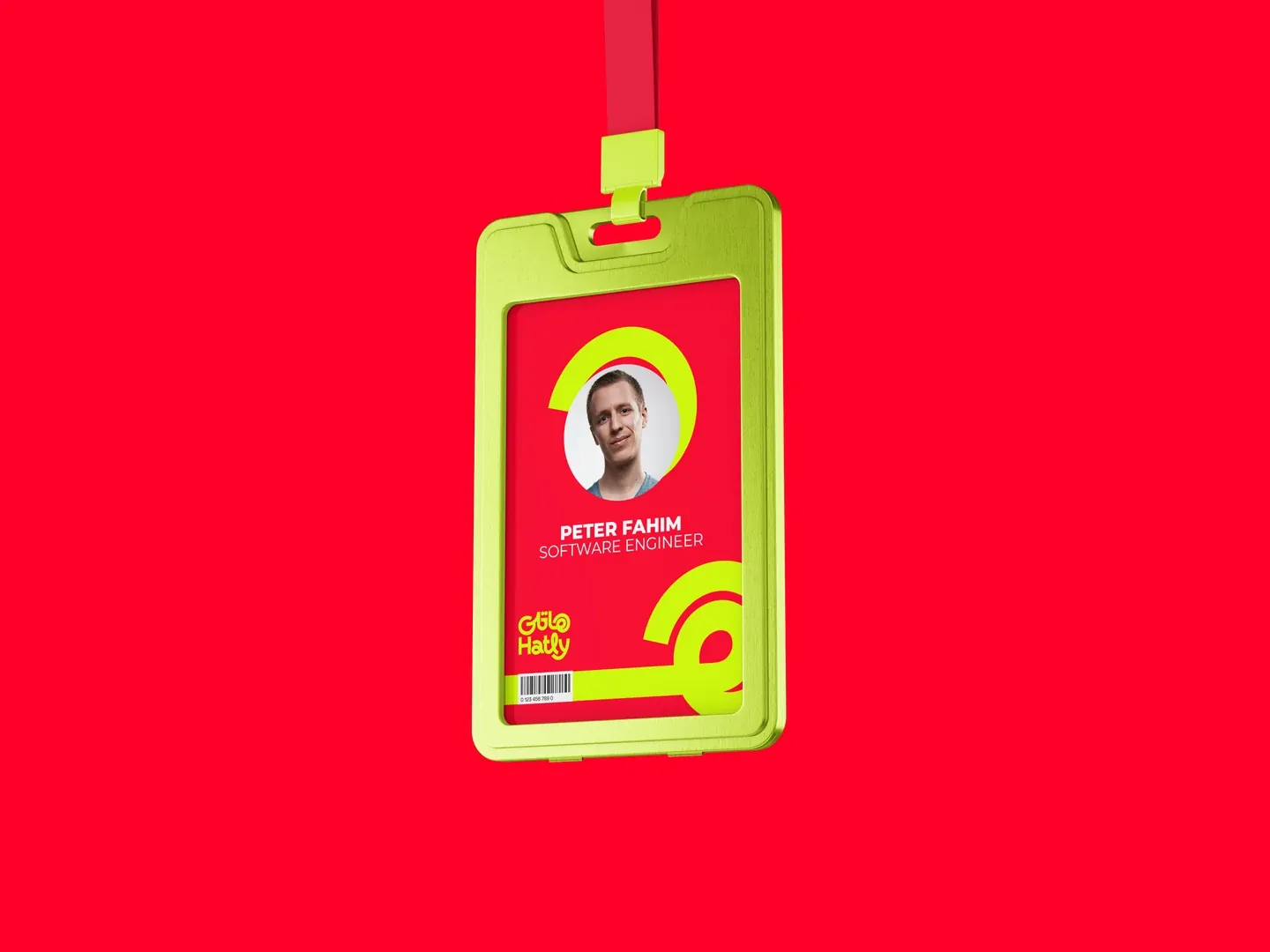Hatly employee identification badge with a lime holder and red card