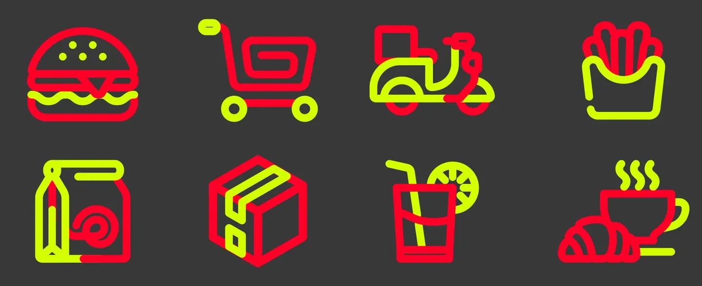 Eight red and lime Hatly food and delivery icons on dark gray