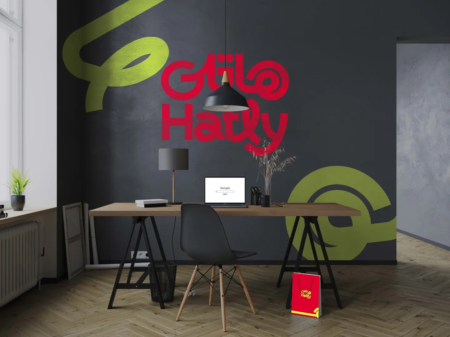 Hatly office wall with bilingual red signage and lime graphic elements