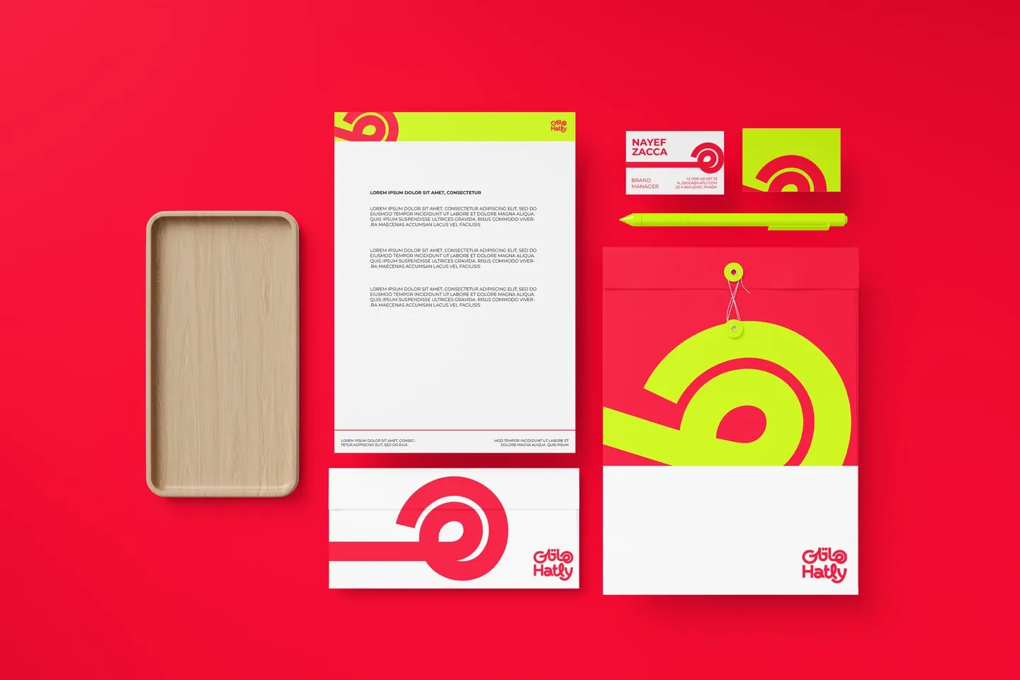 Hatly red and lime stationery suite with letterhead, envelope and business cards
