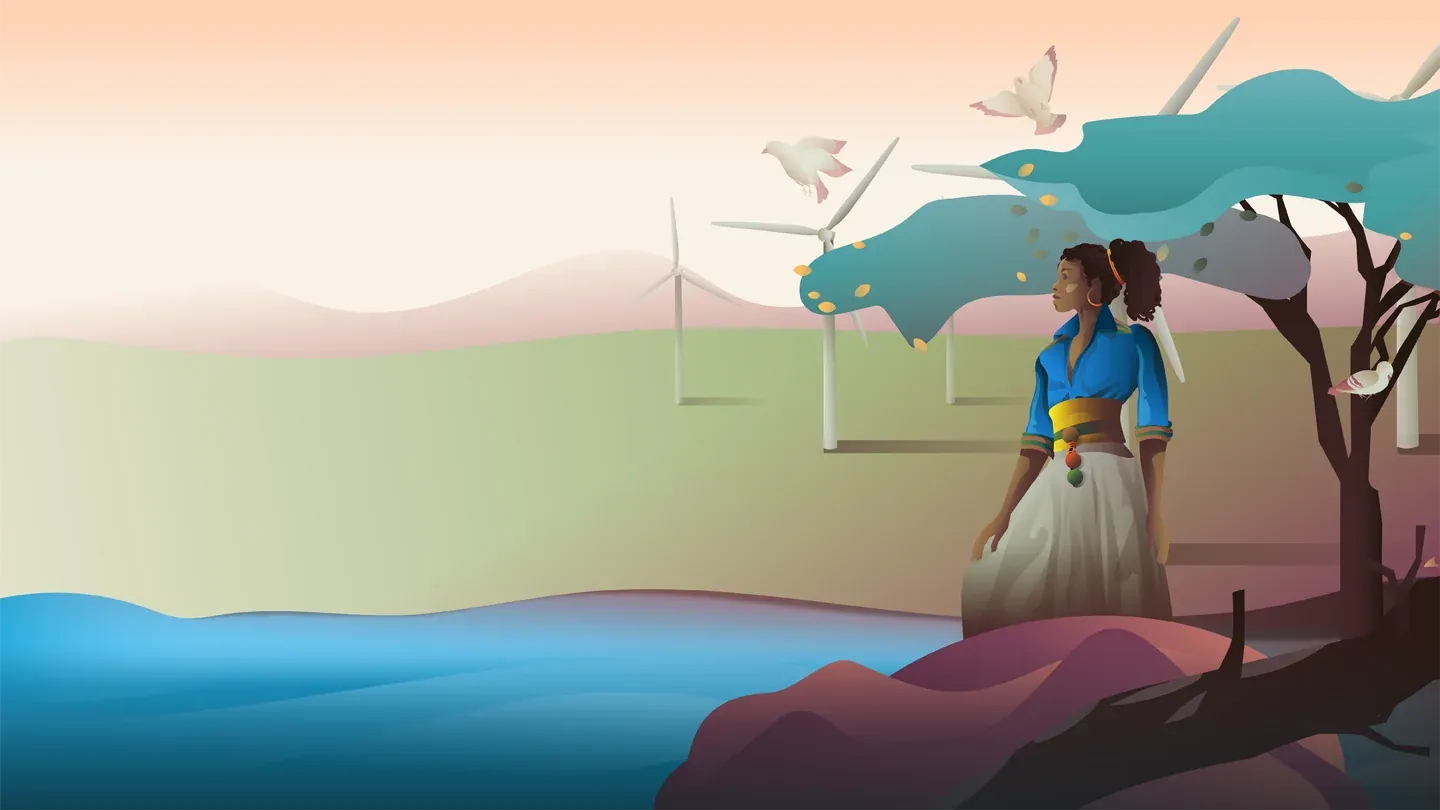 Aswan Forum illustrated landscape with a river, wind turbines, birds and a family beneath a tree