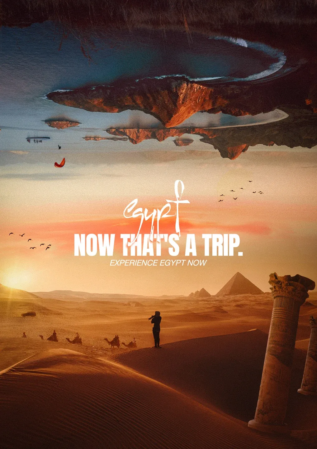 Egypt tourism poster combining an inverted landscape with pyramids and warm desert dunes under Now That’s a Trip