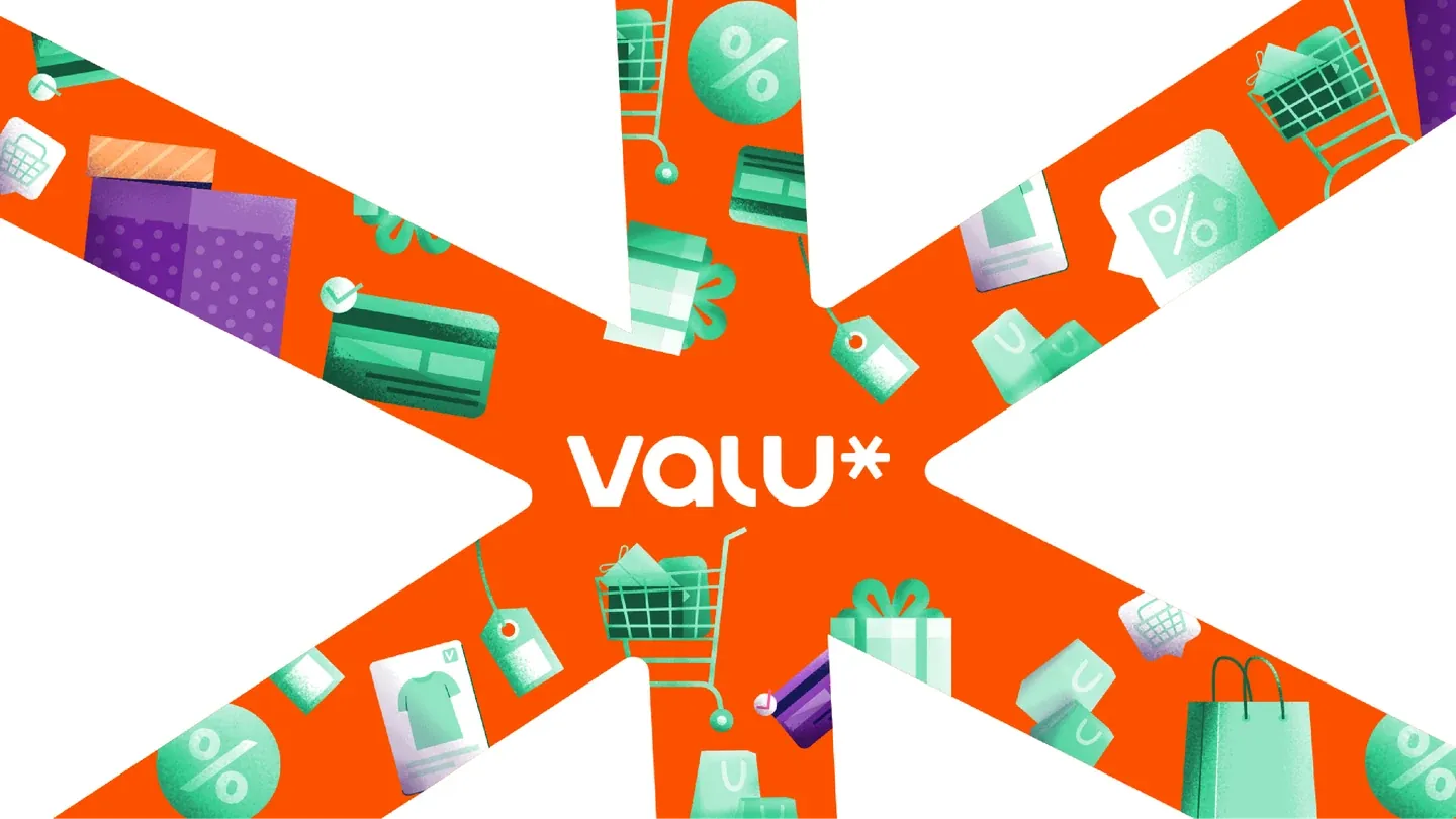 Valu brand artwork with an orange asterisk, shopping bags, a bank card and gift boxes