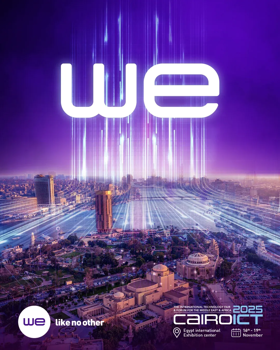 WE Cairo ICT artwork with a glowing white logo and purple light beams above Cairo