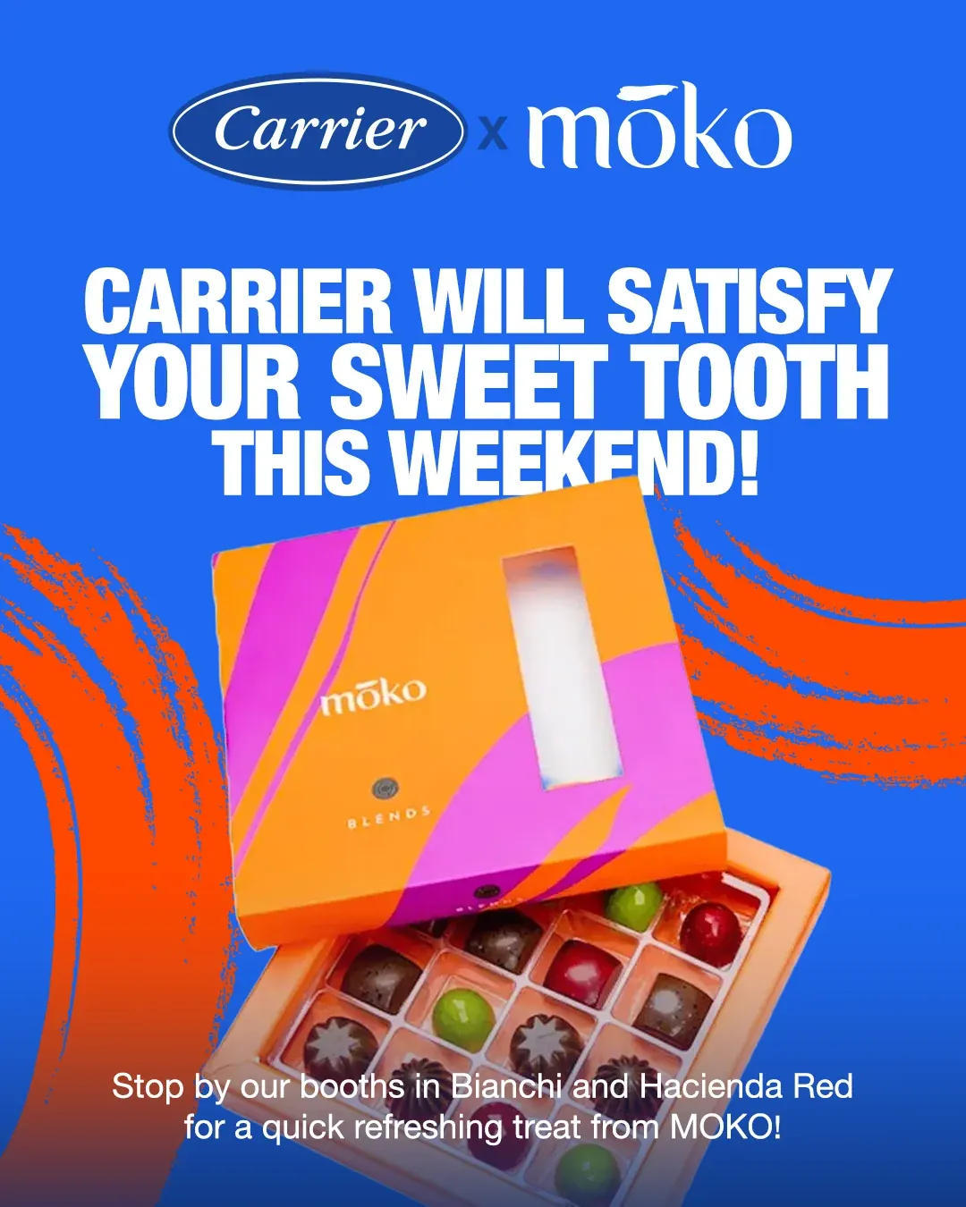 Carrier and Moko promotion artwork with a colourful pastry box and white English headline on blue