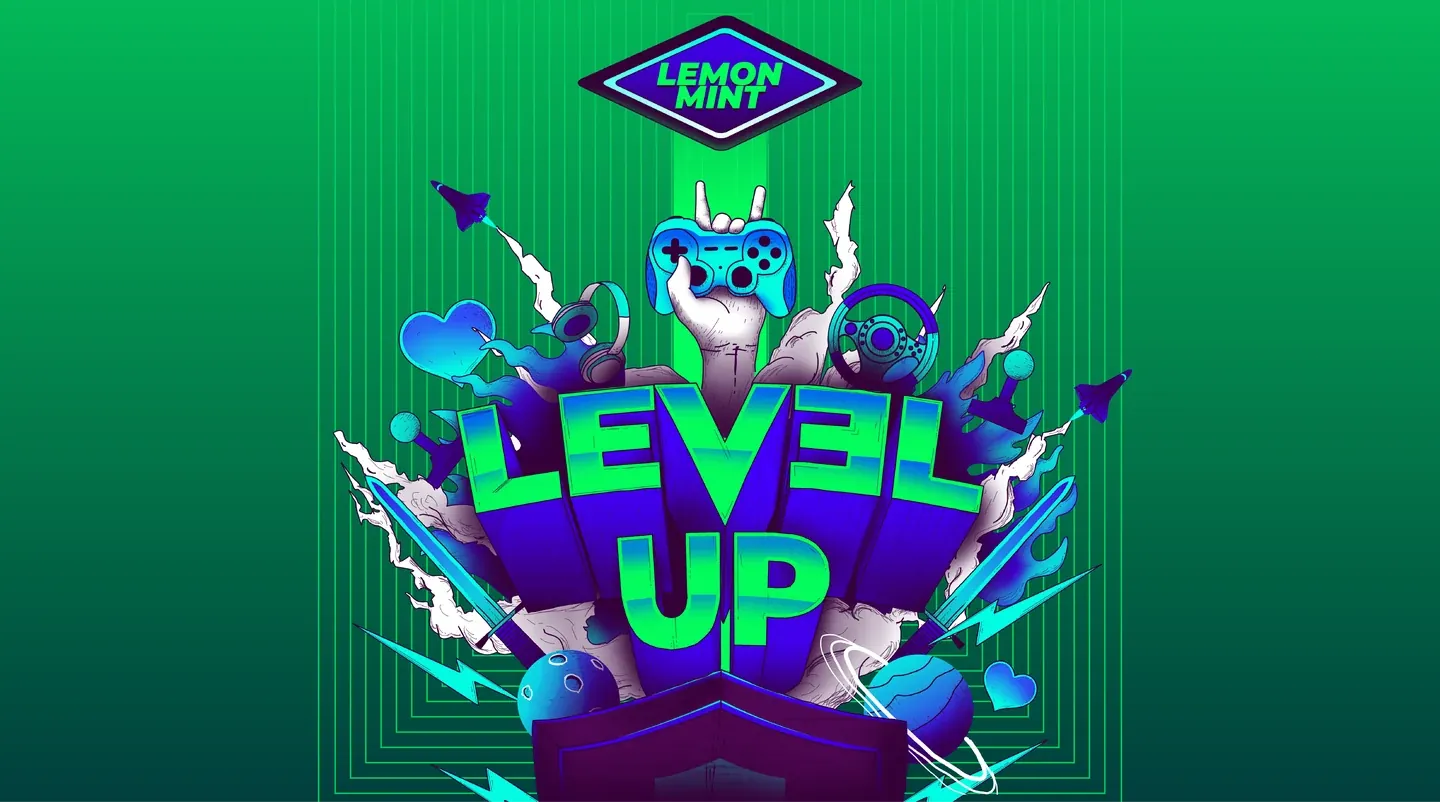 PowerHorse Level Up lemon-mint artwork with bright gaming-inspired doodles against a green background