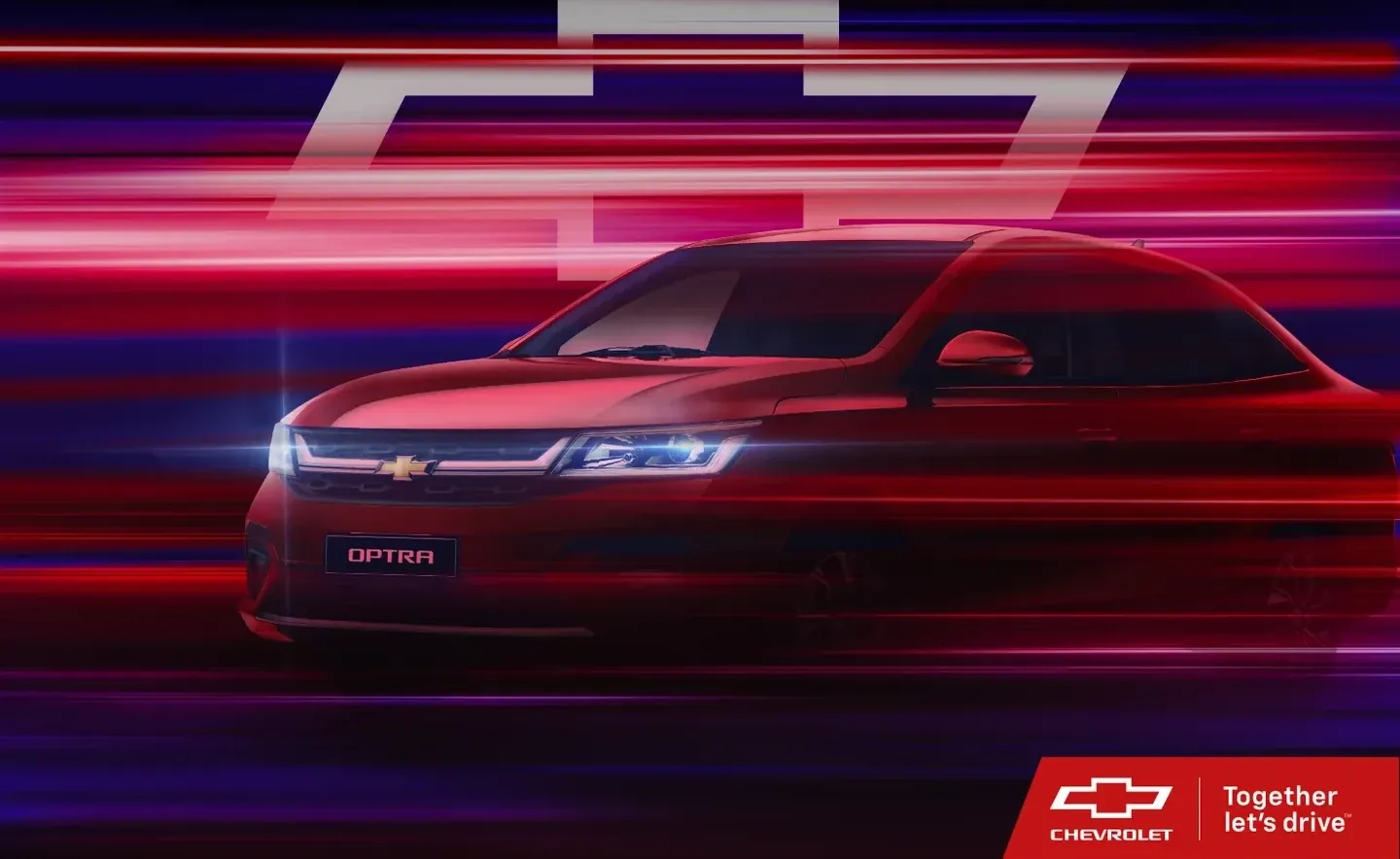 Chevrolet Optra landscape poster with a red car, glowing light trails and a large Chevrolet emblem